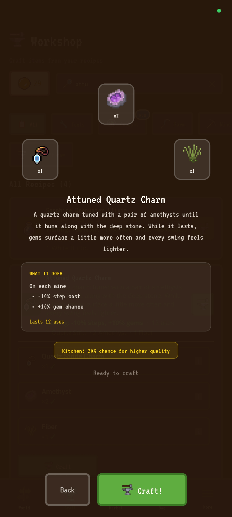 Crafting the Attuned Quartz Charm in the Workshop