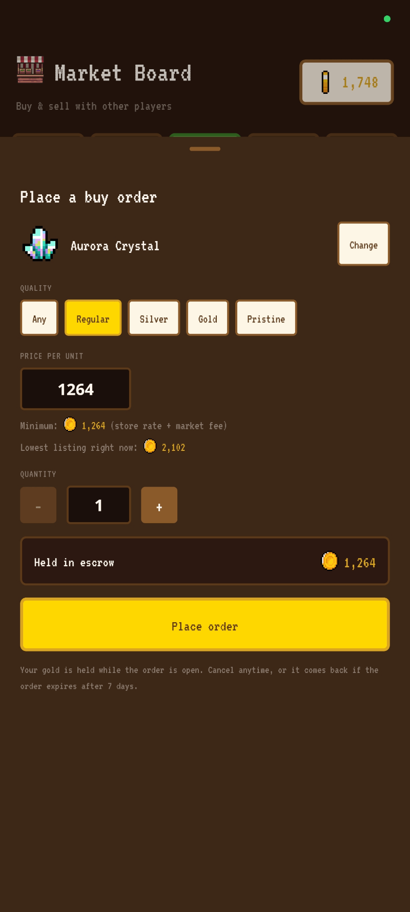 Placing a buy order - your gold waits until someone delivers