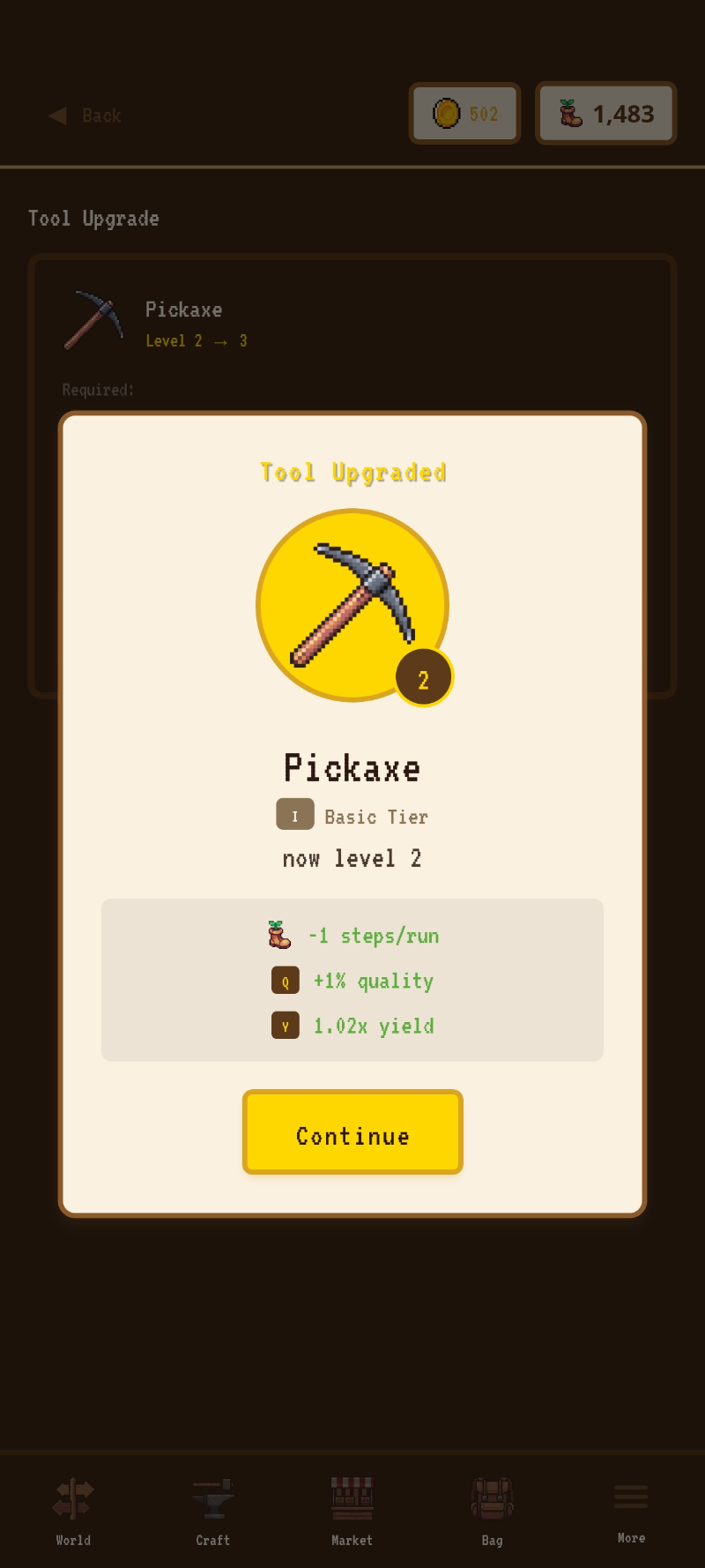 A pickaxe upgrade taking another step off every run